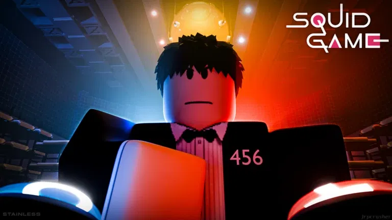Roblox player 456 in a tuxedo, lit by blue and red lights inside the Squid Game hall