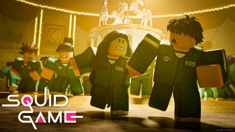 Roblox players in green uniforms running together in a golden game hall